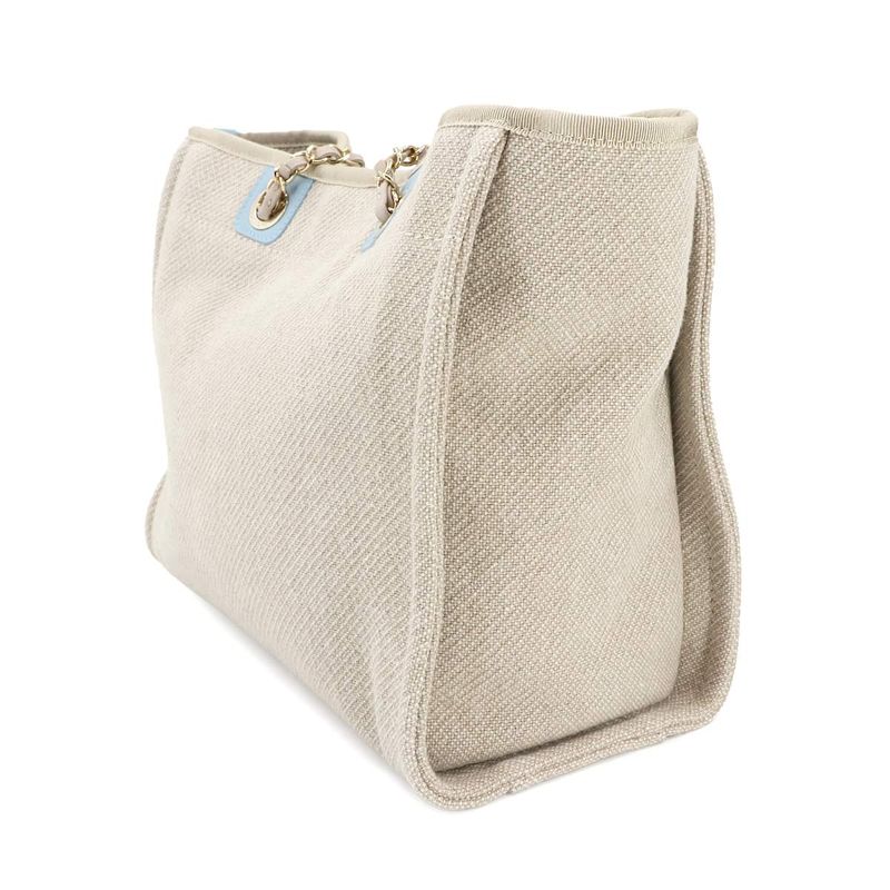 Exhibit Chanel Deauville MM Chain Tote Bag Canvas Beige Blue A67001 Gold