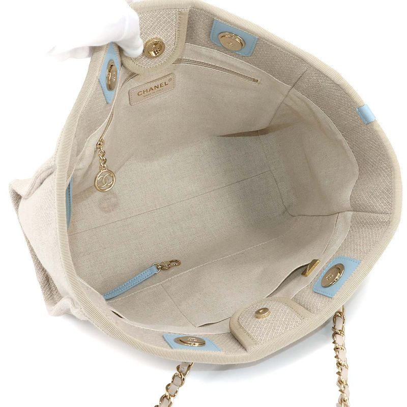 Exhibit Chanel Deauville MM Chain Tote Bag Canvas Beige Blue A67001 Gold