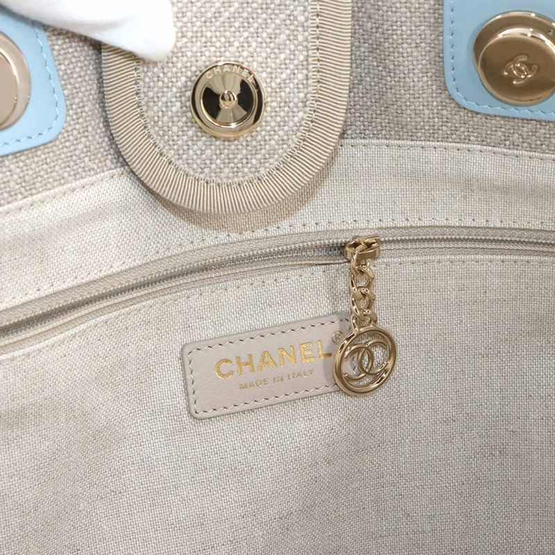 Exhibit Chanel Deauville MM Chain Tote Bag Canvas Beige Blue A67001 Gold