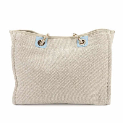 Exhibit Chanel Deauville MM Chain Tote Bag Canvas Beige Blue A67001 Gold