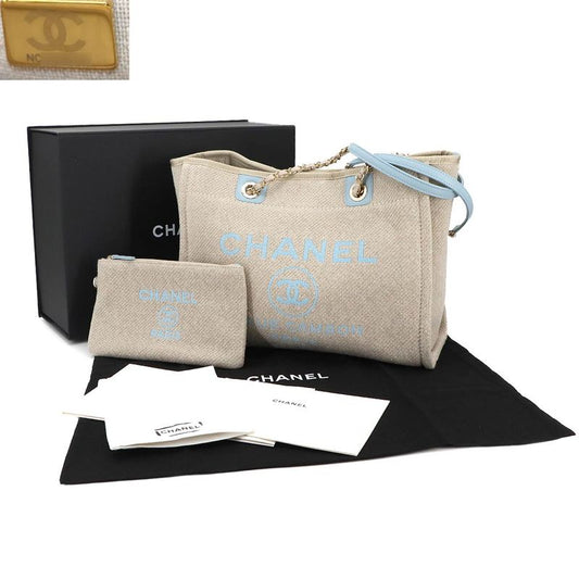 Exhibit Chanel Deauville MM Chain Tote Bag Canvas Beige Blue A67001 Gold