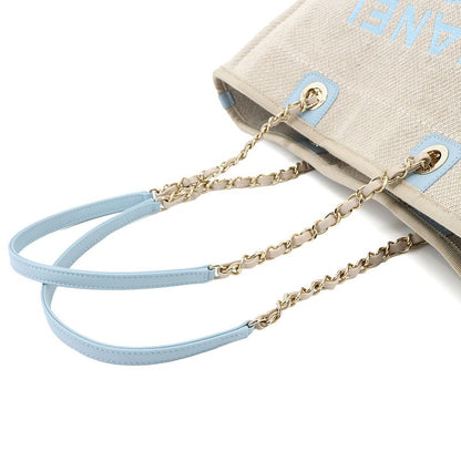 Exhibit Chanel Deauville MM Chain Tote Bag Canvas Beige Blue A67001 Gold
