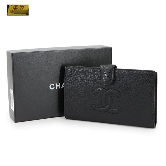 Chanel Caviar Skin Fold Long Wallet With Clasp Leather Black A13498 Coco Long