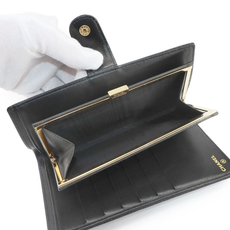 Chanel Caviar Skin Fold Long Wallet With Clasp Leather Black A13498 Coco Long