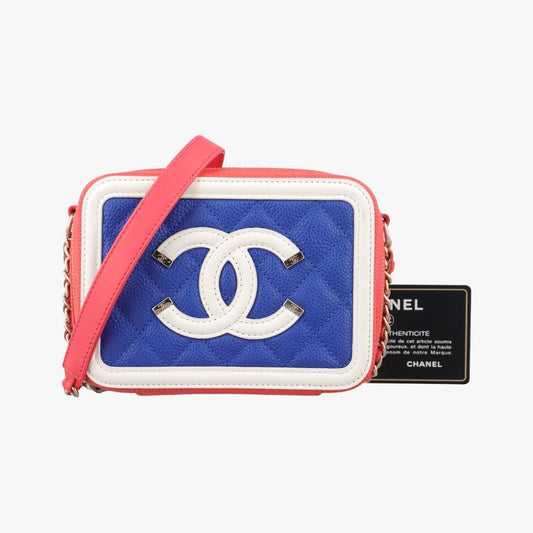 Chanel Filigree Vanity Case Top Handle Red And Blue And White Caviar Skin