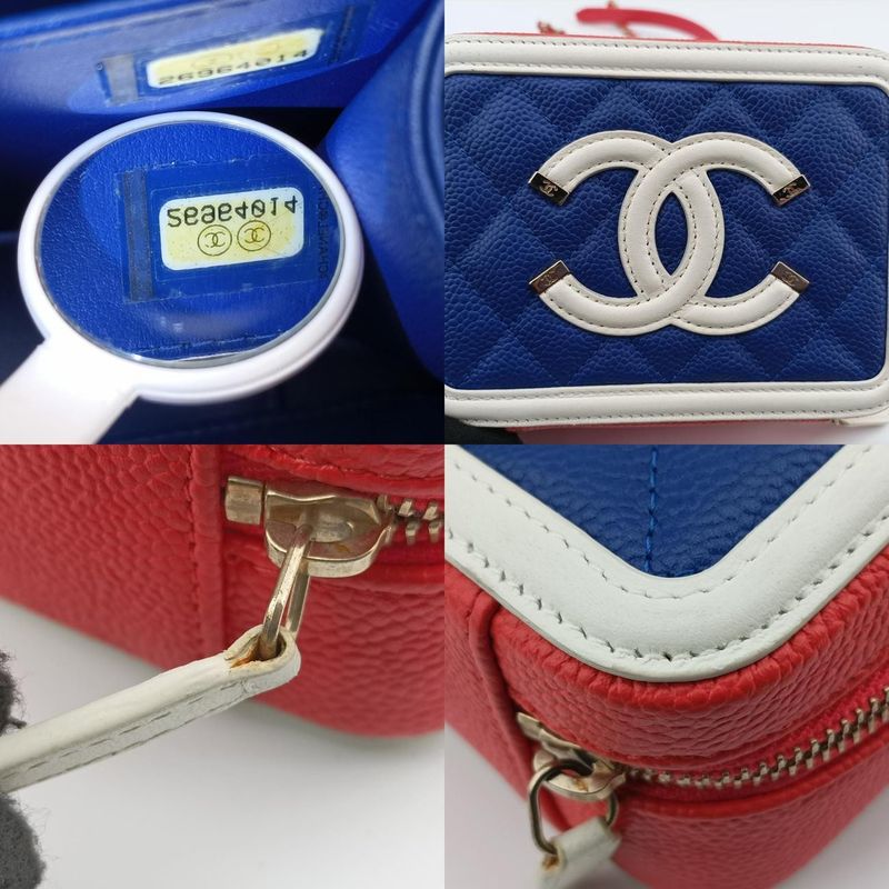 Chanel Filigree Vanity Case Top Handle Red And Blue And White Caviar Skin