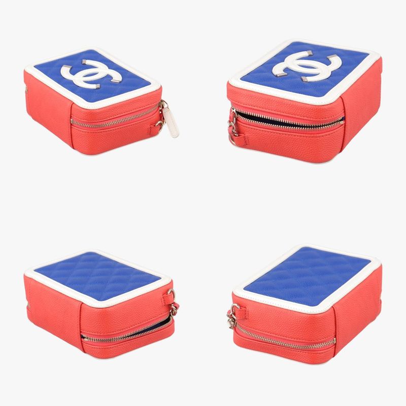 Chanel Filigree Vanity Case Top Handle Red And Blue And White Caviar Skin