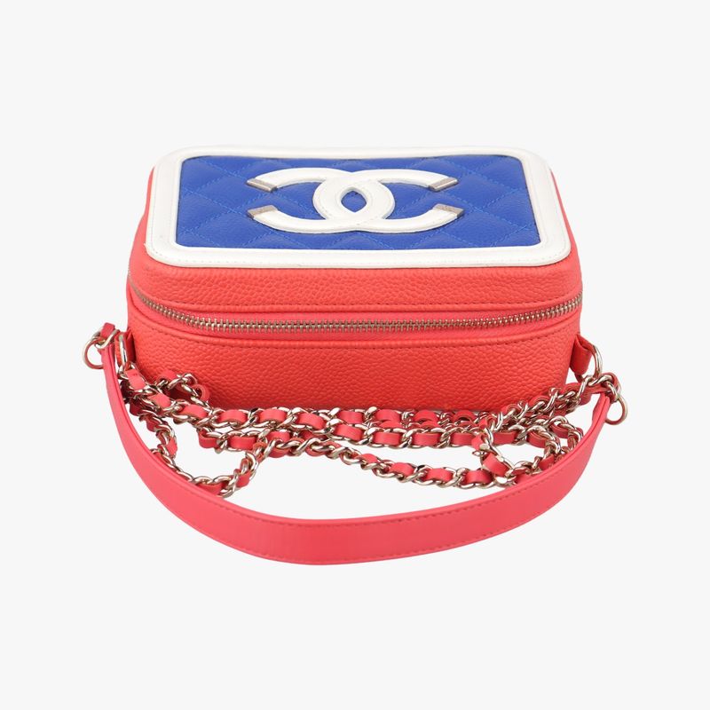 Chanel Filigree Vanity Case Top Handle Red And Blue And White Caviar Skin