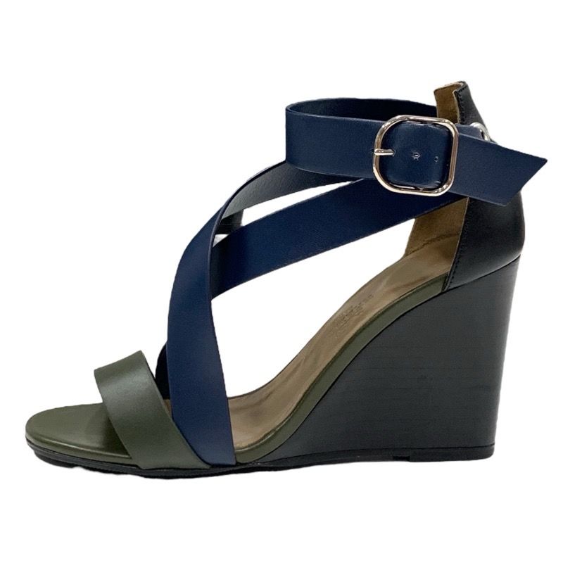 Hermes Sandals Shoes Leather Navy Khaki Black Wedge Sole