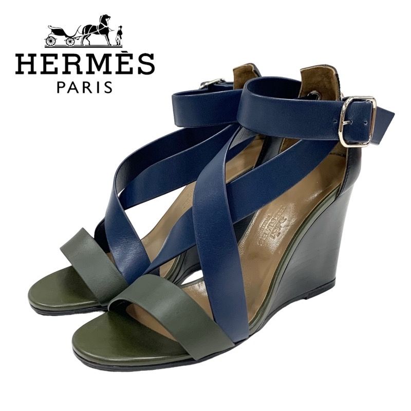 Hermes Sandals Shoes Leather Navy Khaki Black Wedge Sole
