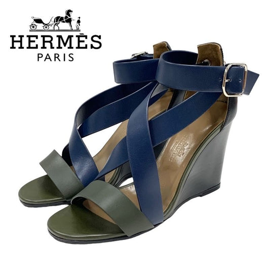 Hermes Sandals Shoes Leather Navy Khaki Black Wedge Sole