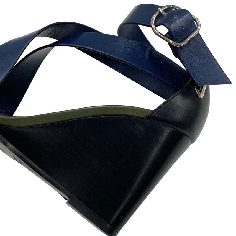 Hermes Sandals Shoes Leather Navy Khaki Black Wedge Sole