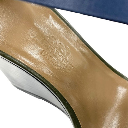 Hermes Sandals Shoes Leather Navy Khaki Black Wedge Sole