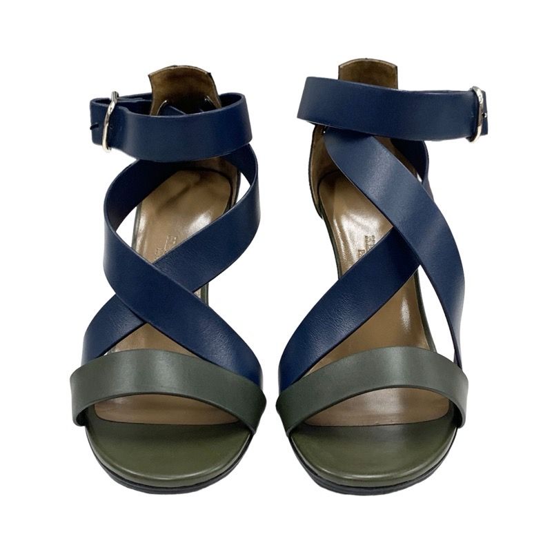 Hermes Sandals Shoes Leather Navy Khaki Black Wedge Sole
