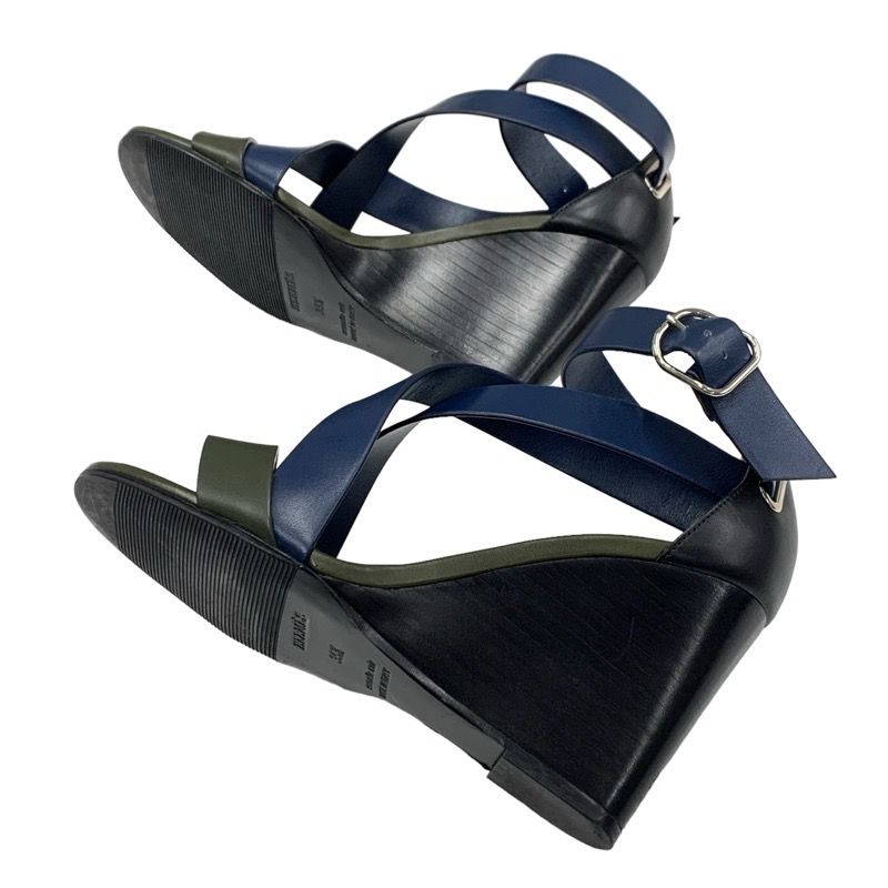 Hermes Sandals Shoes Leather Navy Khaki Black Wedge Sole