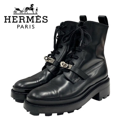 Hermes Funk Boots Short Boots Shoes Leather Black Silver Black Kelly Hardware
