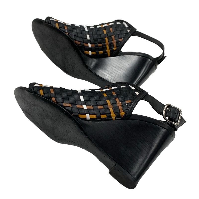 Hermes Sandals Shoes Leather Black Brown White Wedge Sole