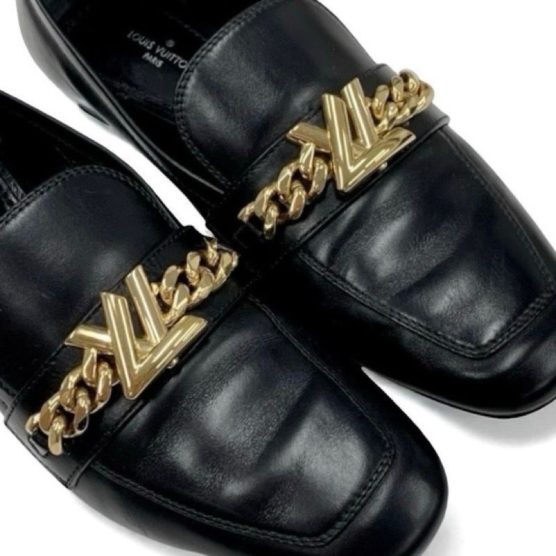 Louis Vuitton Upper Case Line Loafers Leather Shoes Leather Black Gold Chain