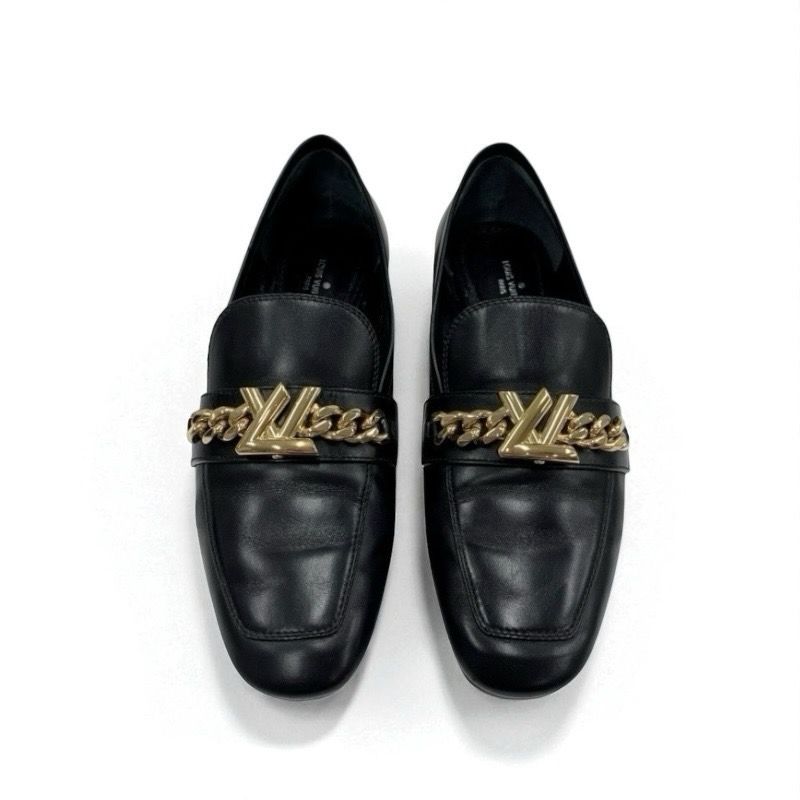 Louis Vuitton Upper Case Line Loafers Leather Shoes Leather Black Gold Chain