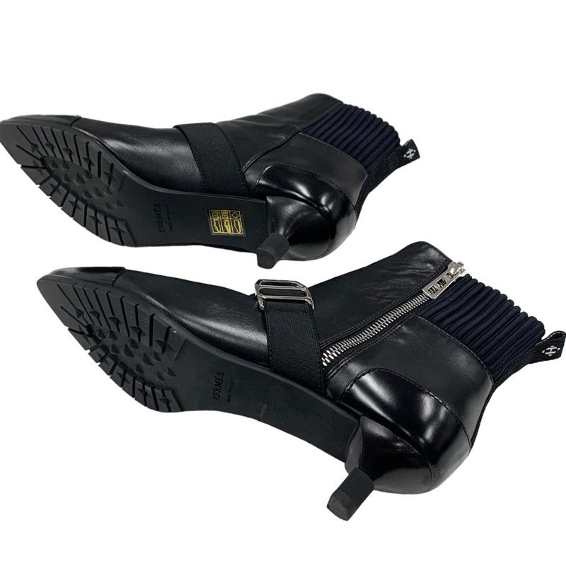 Hermes Boots Short Boots Shoes Leather Fabric Black Silver Belt