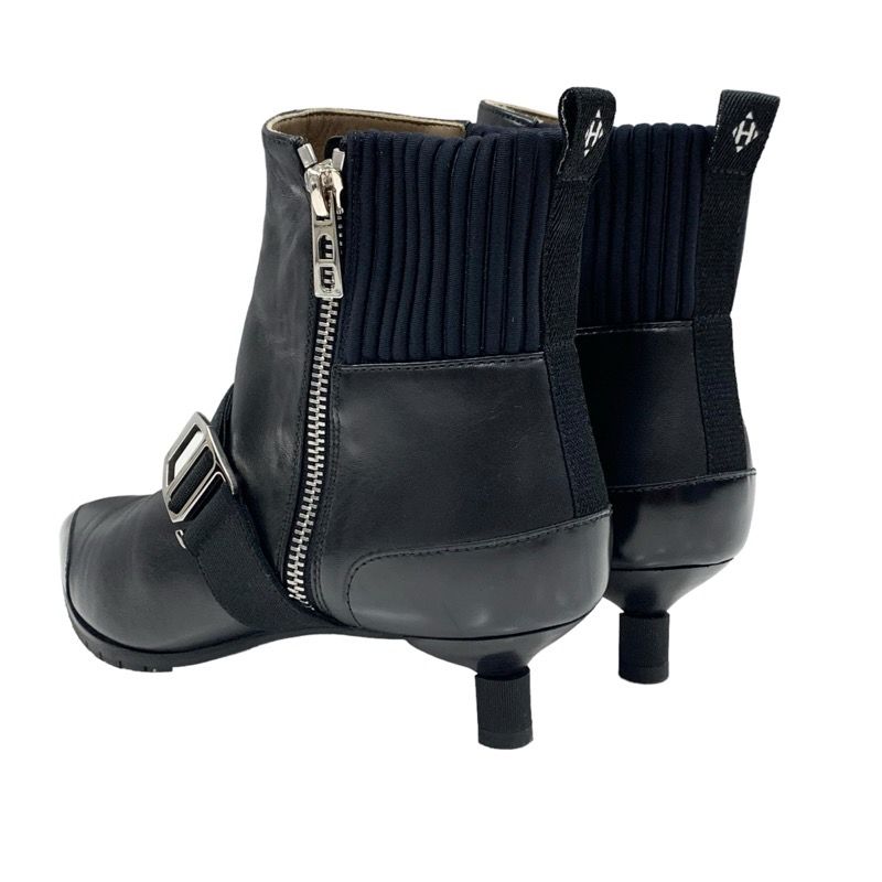 Hermes Boots Short Boots Shoes Leather Fabric Black Silver Belt