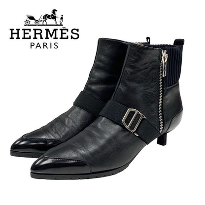 Hermes Boots Short Boots Shoes Leather Fabric Black Silver Belt