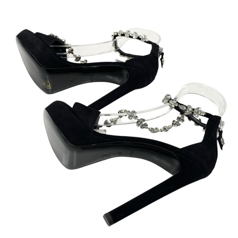 Louis Vuitton Sandals Shoes Suede Black Silver Bijou Logo