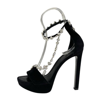 Louis Vuitton Sandals Shoes Suede Black Silver Bijou Logo