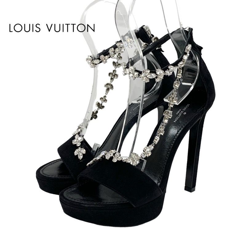 Louis Vuitton Sandals Shoes Suede Black Silver Bijou Logo