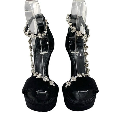 Louis Vuitton Sandals Shoes Suede Black Silver Bijou Logo