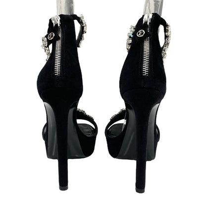 Louis Vuitton Sandals Shoes Suede Black Silver Bijou Logo