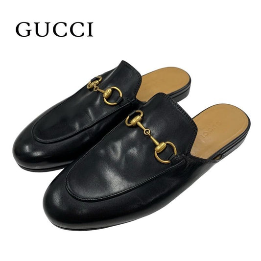 Gucci Prince Town Flat Shoes Leather Black Gold Slipper Sandals Mule Horsebit