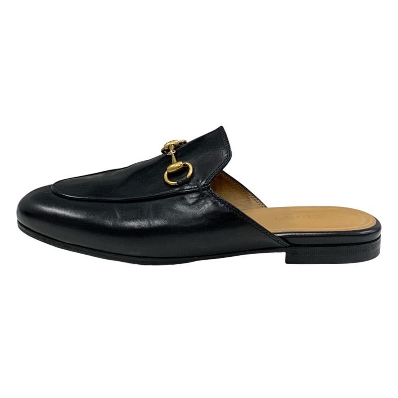 Gucci Prince Town Flat Shoes Leather Black Gold Slipper Sandals Mule Horsebit