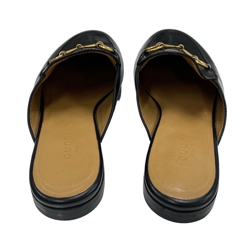 Gucci Prince Town Flat Shoes Leather Black Gold Slipper Sandals Mule Horsebit