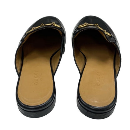 Gucci Prince Town Flat Shoes Leather Black Gold Slipper Sandals Mule Horsebit