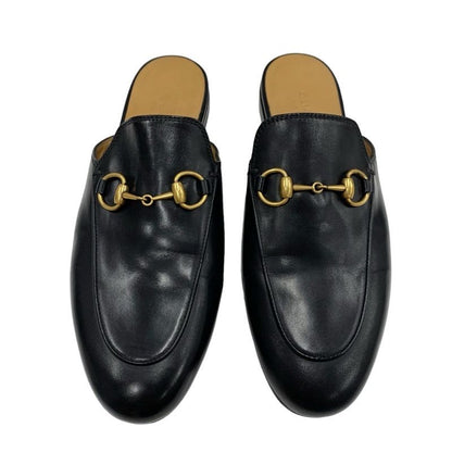 Gucci Prince Town Flat Shoes Leather Black Gold Slipper Sandals Mule Horsebit