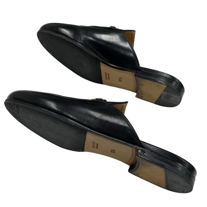 Gucci Prince Town Flat Shoes Leather Black Gold Slipper Sandals Mule Horsebit