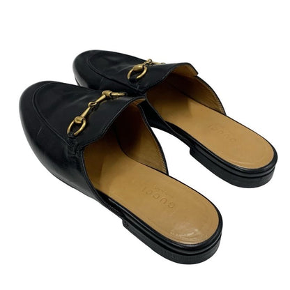 Gucci Prince Town Flat Shoes Leather Black Gold Slipper Sandals Mule Horsebit