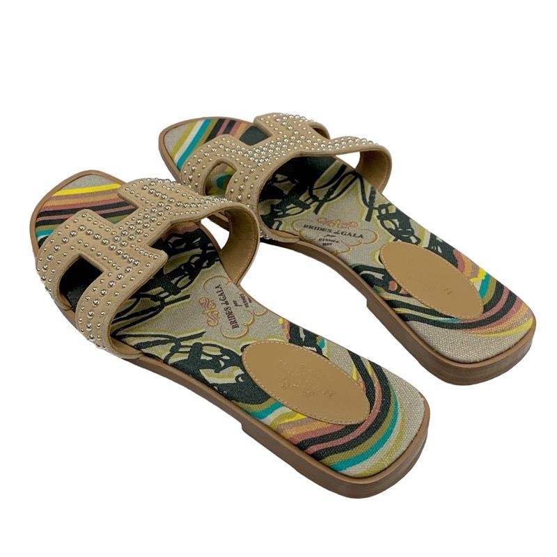 Hermes Oran Brides De GALA Sandals Shoes Suede Canvas Brown Multicolor Flat
