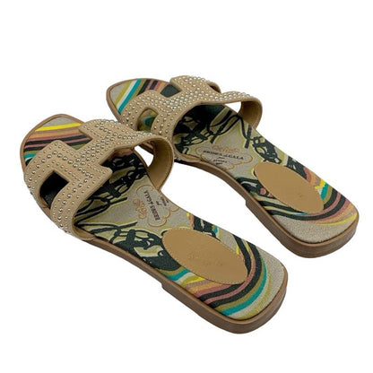 Hermes Oran Brides De GALA Sandals Shoes Suede Canvas Brown Multicolor Flat