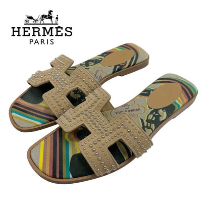 Hermes Oran Brides De GALA Sandals Shoes Suede Canvas Brown Multicolor Flat