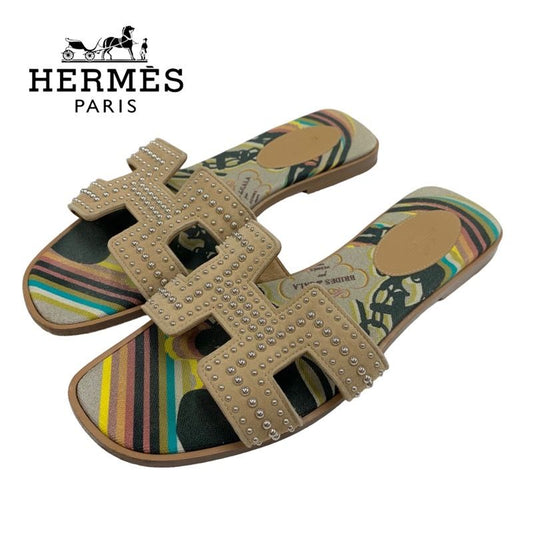 Hermes Oran Brides De GALA Sandals Shoes Suede Canvas Brown Multicolor Flat