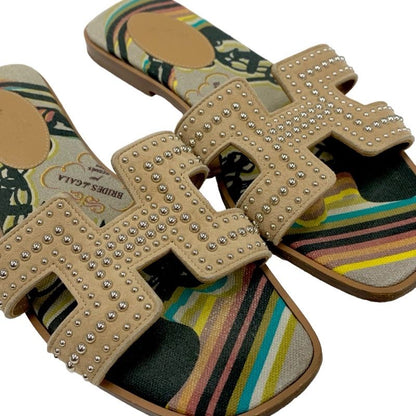 Hermes Oran Brides De GALA Sandals Shoes Suede Canvas Brown Multicolor Flat