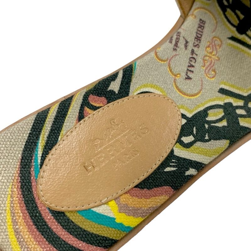 Hermes Oran Brides De GALA Sandals Shoes Suede Canvas Brown Multicolor Flat