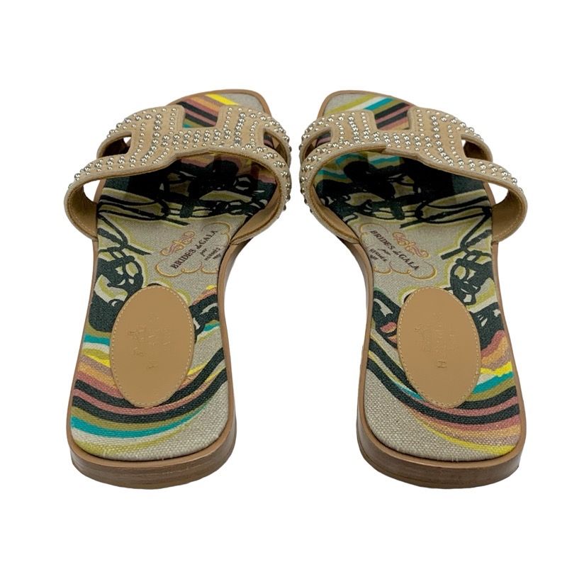 Hermes Oran Brides De GALA Sandals Shoes Suede Canvas Brown Multicolor Flat