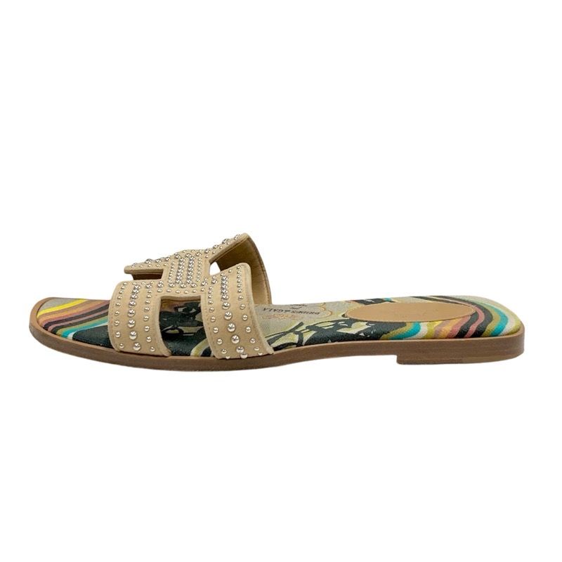 Hermes Oran Brides De GALA Sandals Shoes Suede Canvas Brown Multicolor Flat