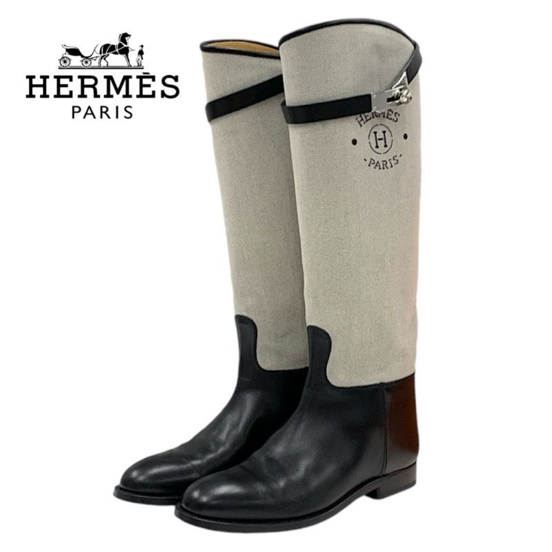 Hermes Jumping Boots Long Boots Shoes Canvas Leather Beige Black Silver Kelly