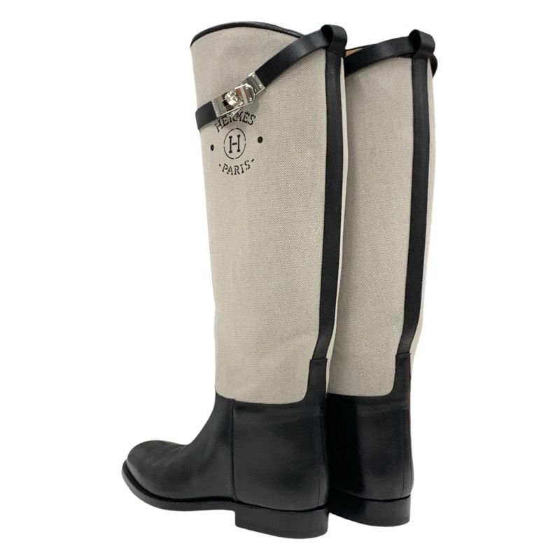 Hermes Jumping Boots Long Boots Shoes Canvas Leather Beige Black Silver Kelly