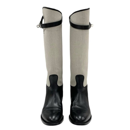 Hermes Jumping Boots Long Boots Shoes Canvas Leather Beige Black Silver Kelly