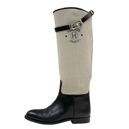 Hermes Jumping Boots Long Boots Shoes Canvas Leather Beige Black Silver Kelly